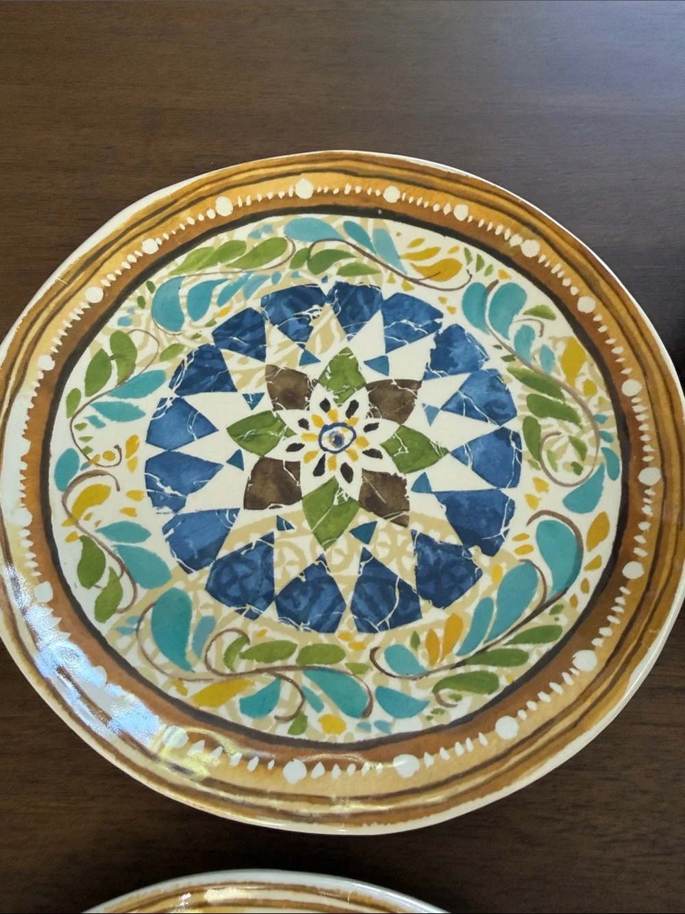 Pottery Barn Melamine Dessert/Salad  Plates in Blue, Green & Gold Set of 6